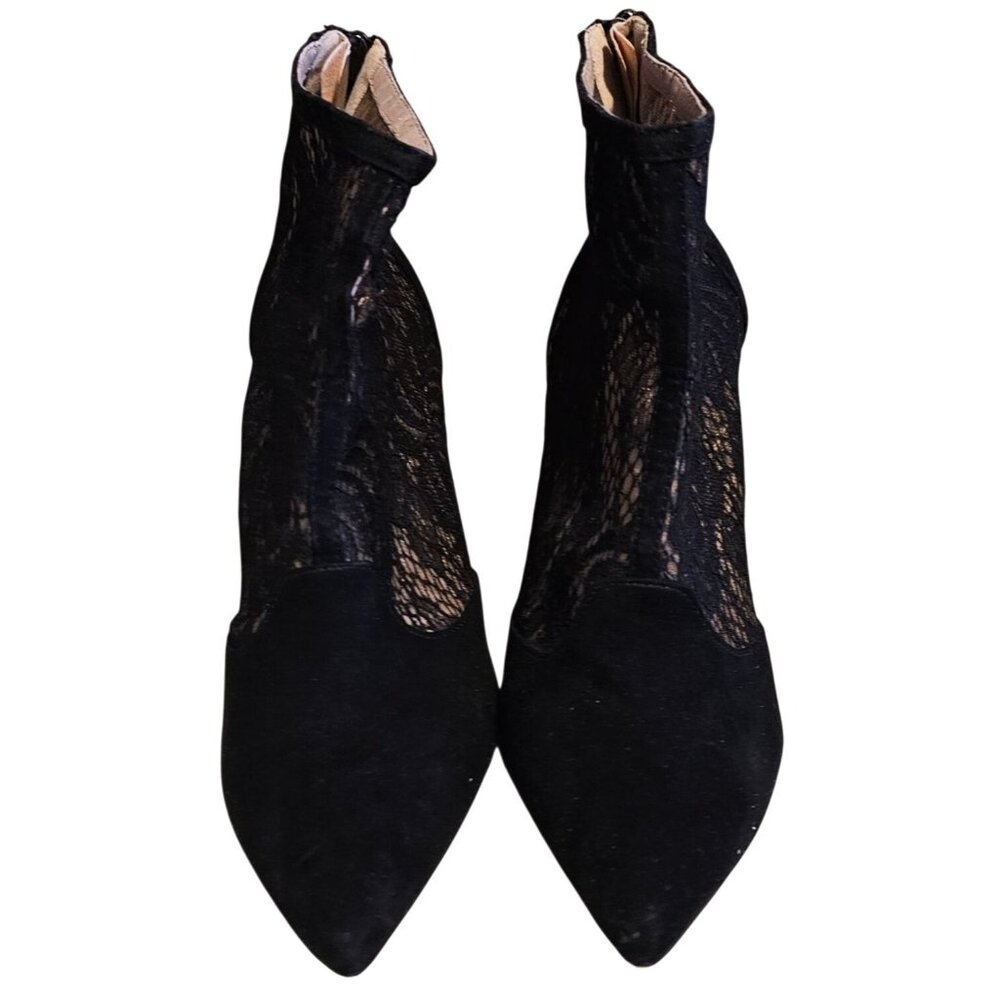 BCBGMAXAZRIA Black Lace Pointed-Toe High Heel Booties Size 8M Textured Design